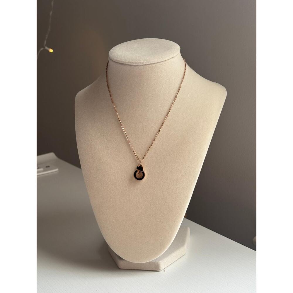 Rose Gold Necklace Round Pendant Minimal Black Detail Stainless Steel - Picture 3 of 9